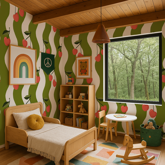 Wavy Cherry Wallpaper, white and green