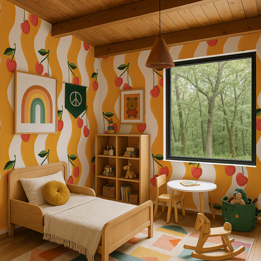 Wavy Cherry Wallpaper, white and yellow