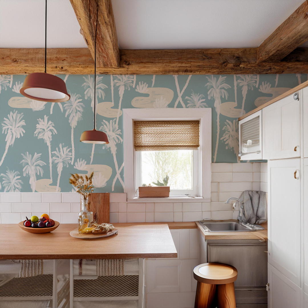 Palm Oasis Wallpaper, blue and white