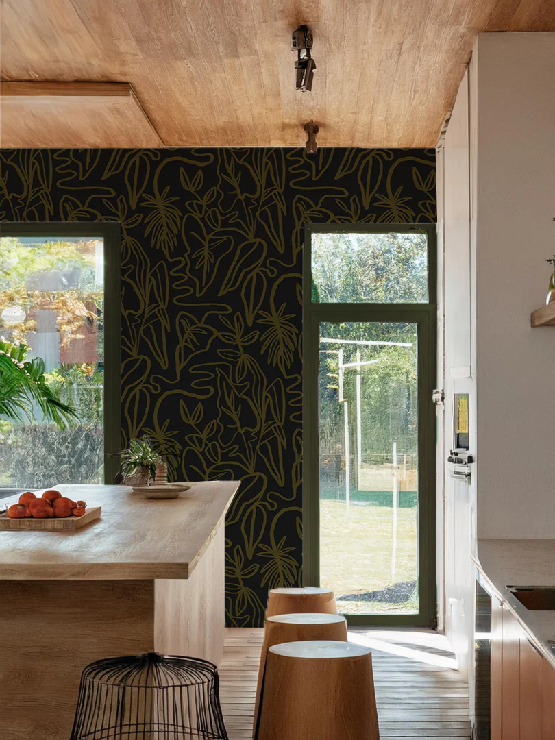 Inked Foliage Wallpaper, black and olive green