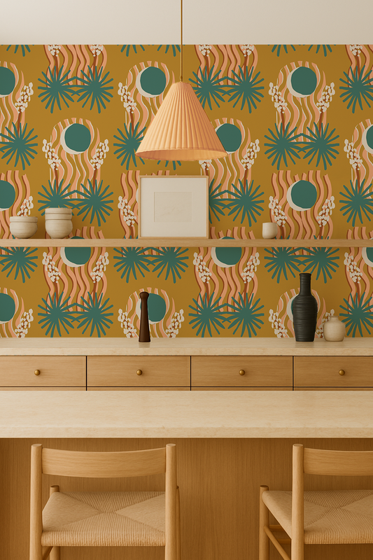 Yucca Moon Wallpaper, mustard and teal