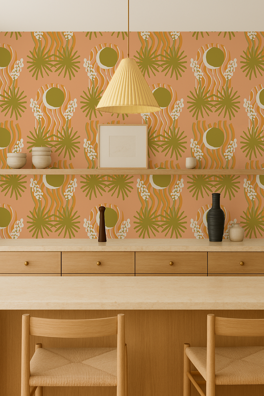 Yucca Moon Wallpaper, peach & green