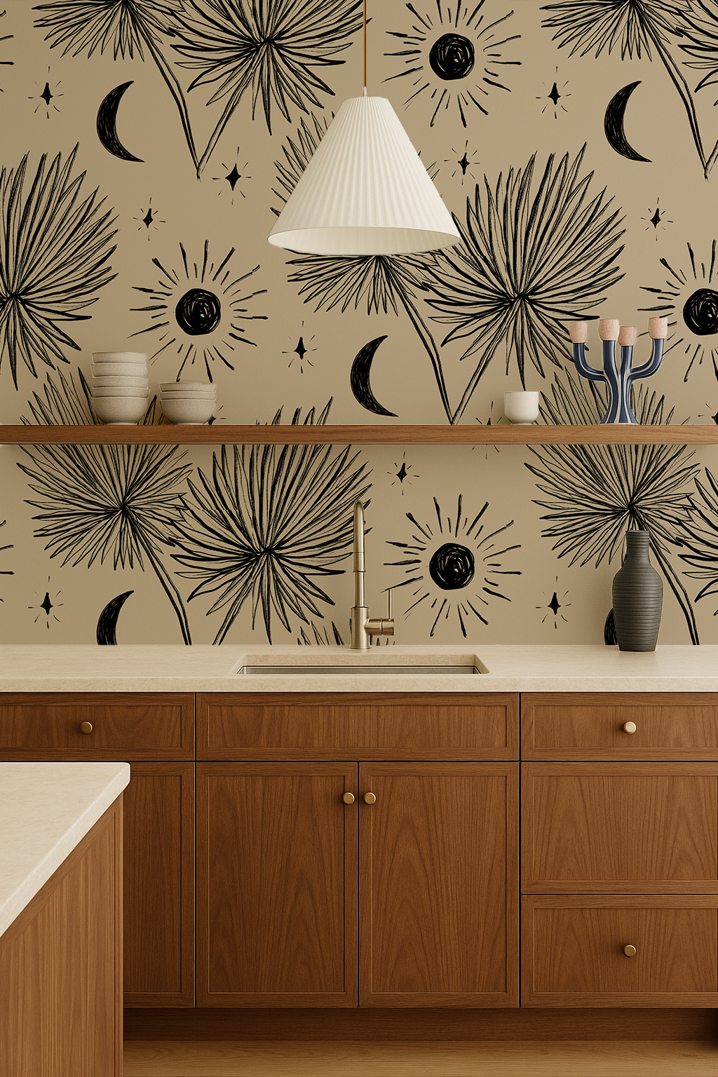 Night Palm Wallpaper, tan and black