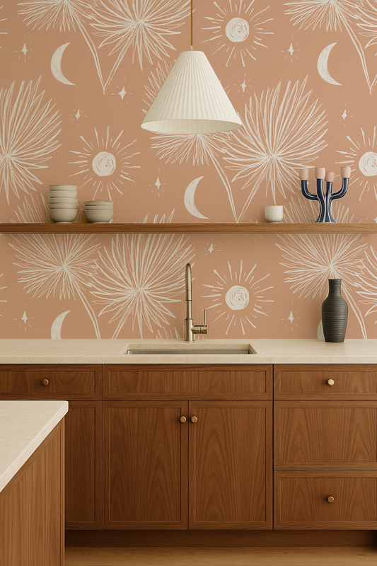 Night Palm Wallpaper, terra cotta and white