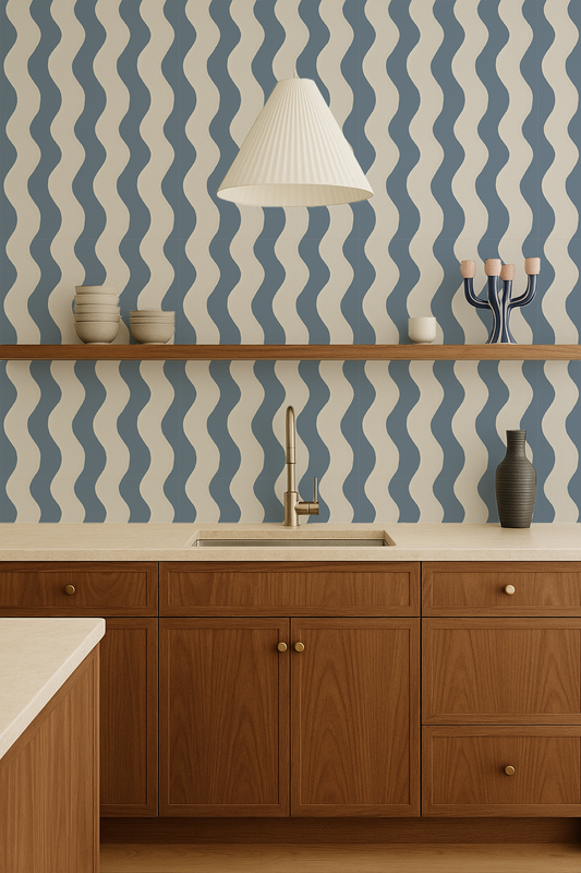 Ziggy Stripe Wallpaper, white and periwinkle
