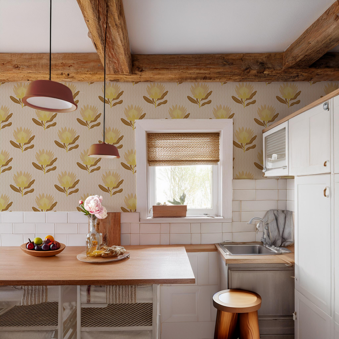 King Protea Wallpaper, neutral and brown mustard
