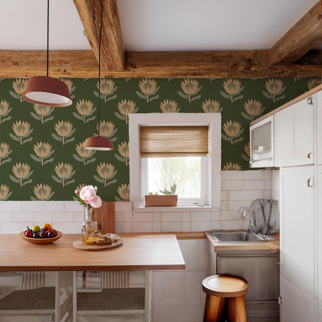 King Protea Wallpaper, forest green and butter yellow