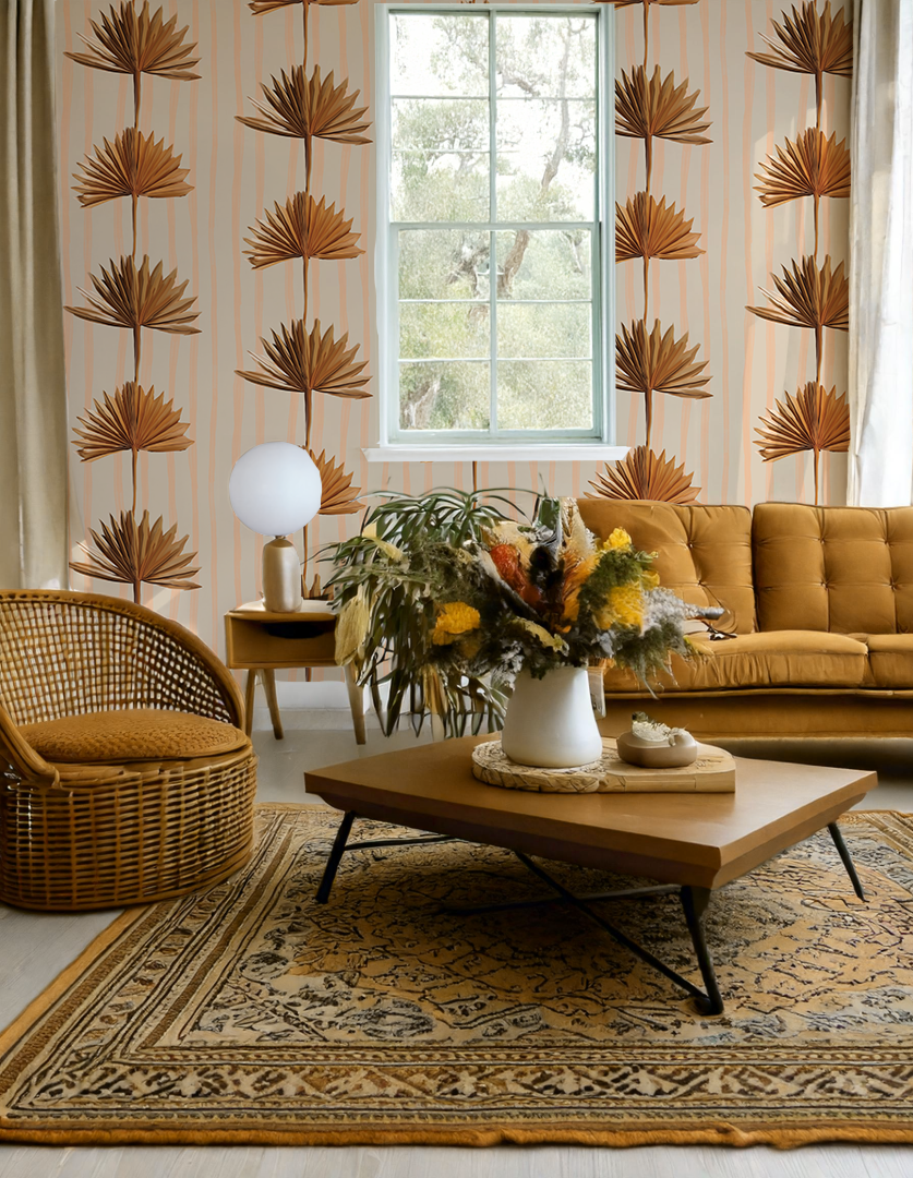 Stripey Palm Wallpaper, neutral peach and mustard