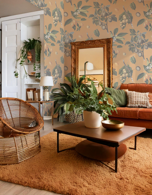 Muted Vintage Orchard Wallpaper, orange