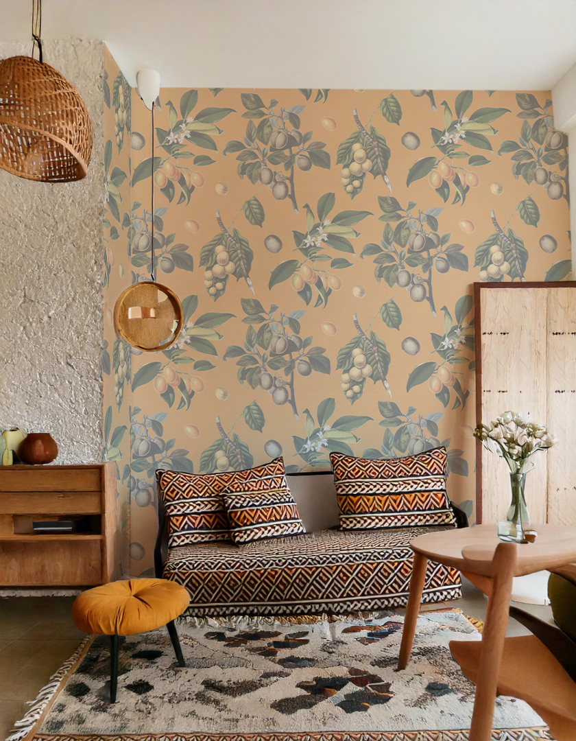 Muted Vintage Orchard Wallpaper, orange