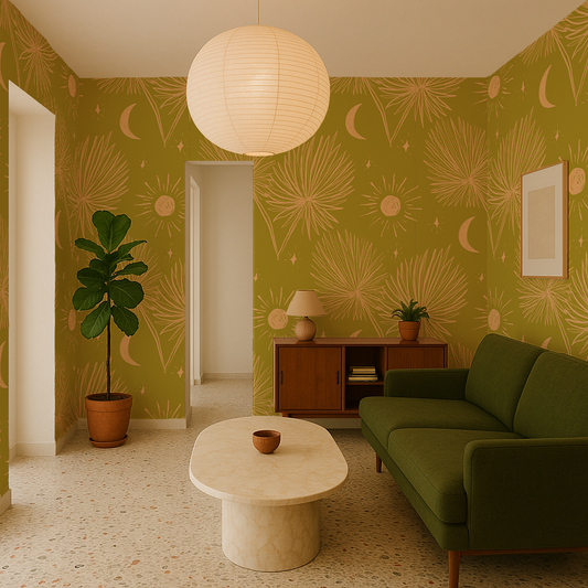 Night Palm Wallpaper, chartreuse & peach