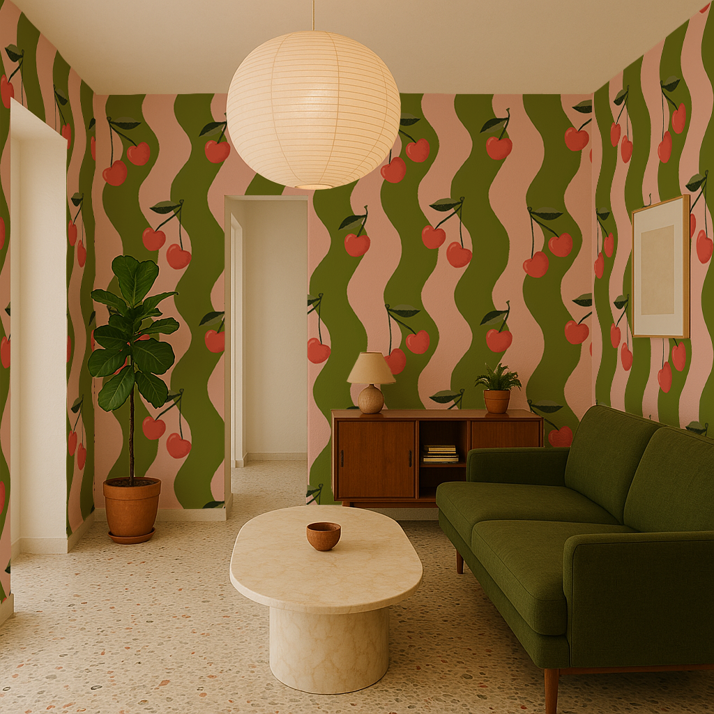 Wavy Cherry Wallpaper, pink & green