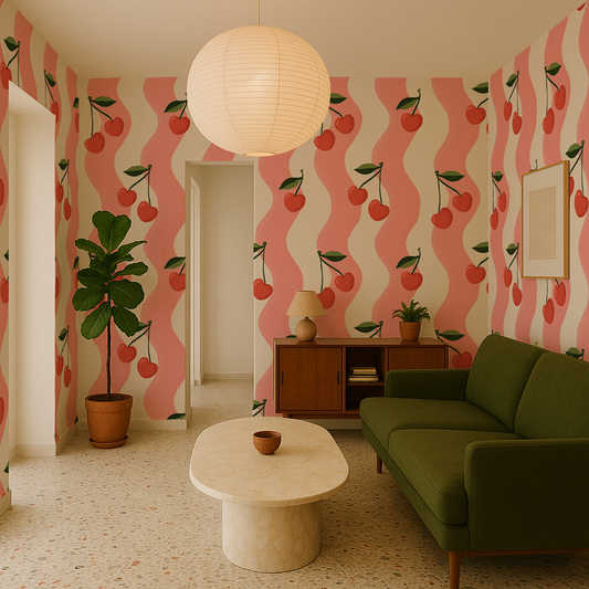 Wavy Cherry Wallpaper, white and pink