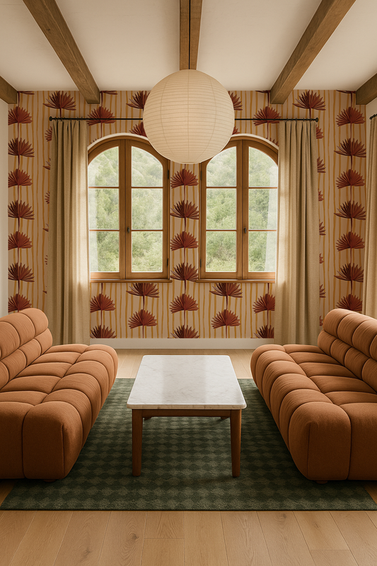 Stripey Palm Wallpaper, nude mustard and rust