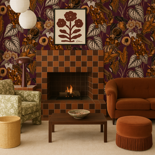 Cali Tropicale Wallpaper, eggplant and toffee