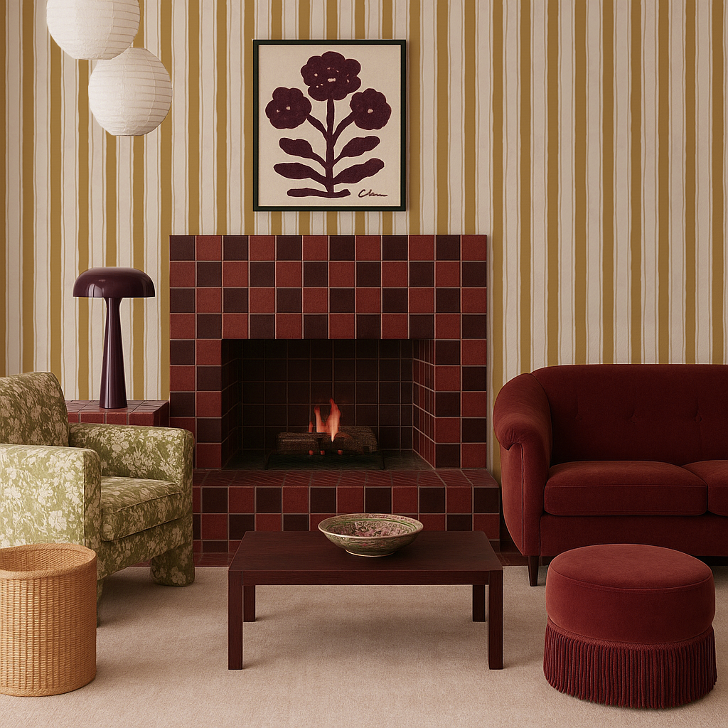 Riviera Stripe Wallpaper, off-white and mustard yellow