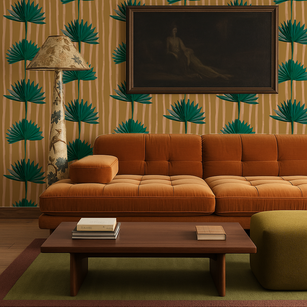 Stripey Palm Wallpaper, mustard and teal