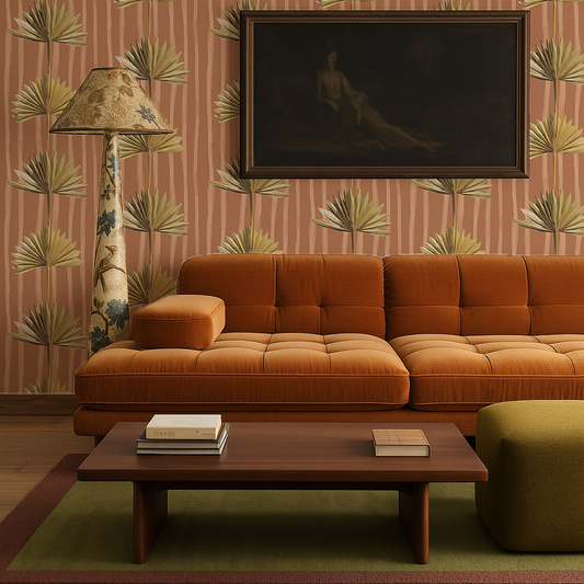Stripey Palm Wallpaper, terra cotta and yellow