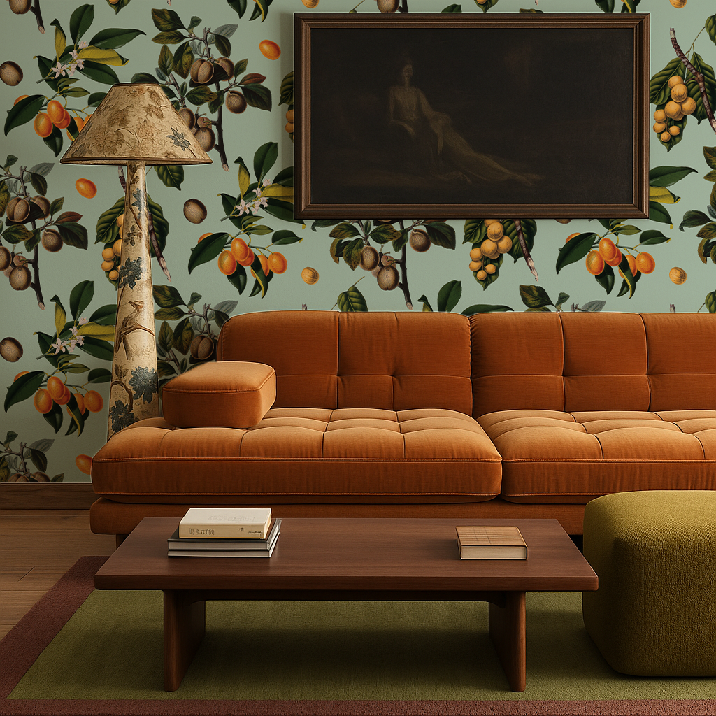 Vintage Orchard Wallpaper, robin egg