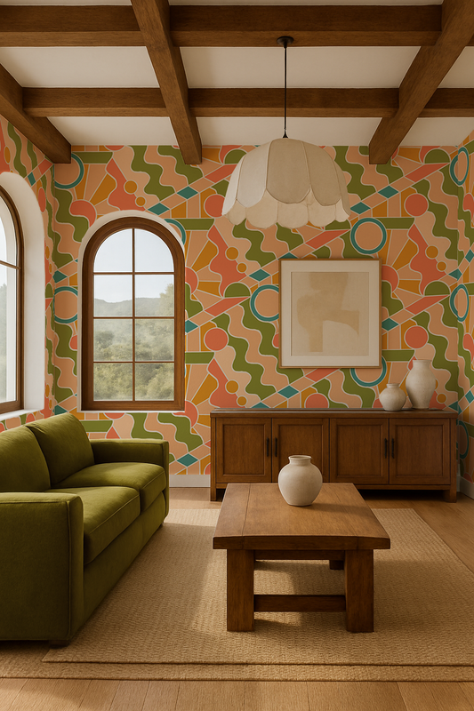 Day Trippin' Wallpaper, olive green, peach, coral and blue