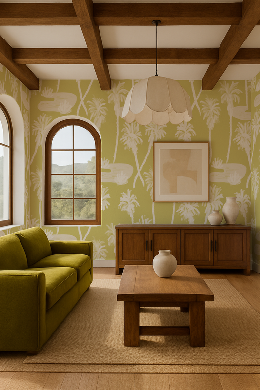 Palm Oasis Wallpaper, lemon and white