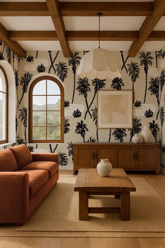 Palm Oasis Wallpaper, neutral and black