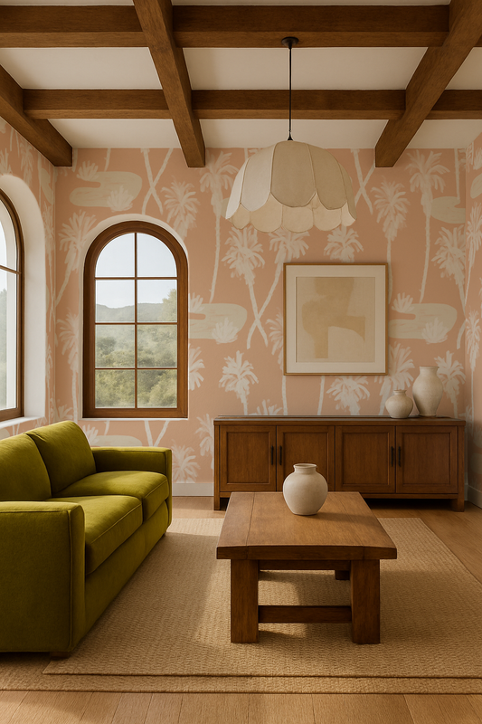 Palm Oasis Wallpaper, peach and white