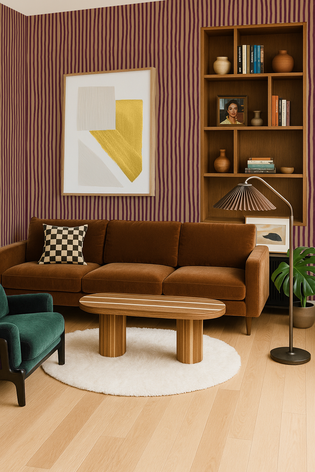 Dolce Stripe Wallpaper, peach and eggplant