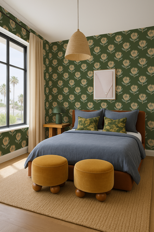 King Protea Wallpaper, forest green and butter yellow