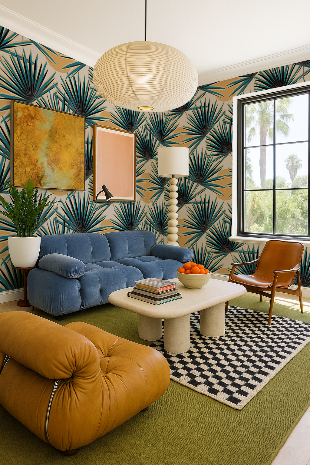 Palm Deco Wallpaper, blue & orange
