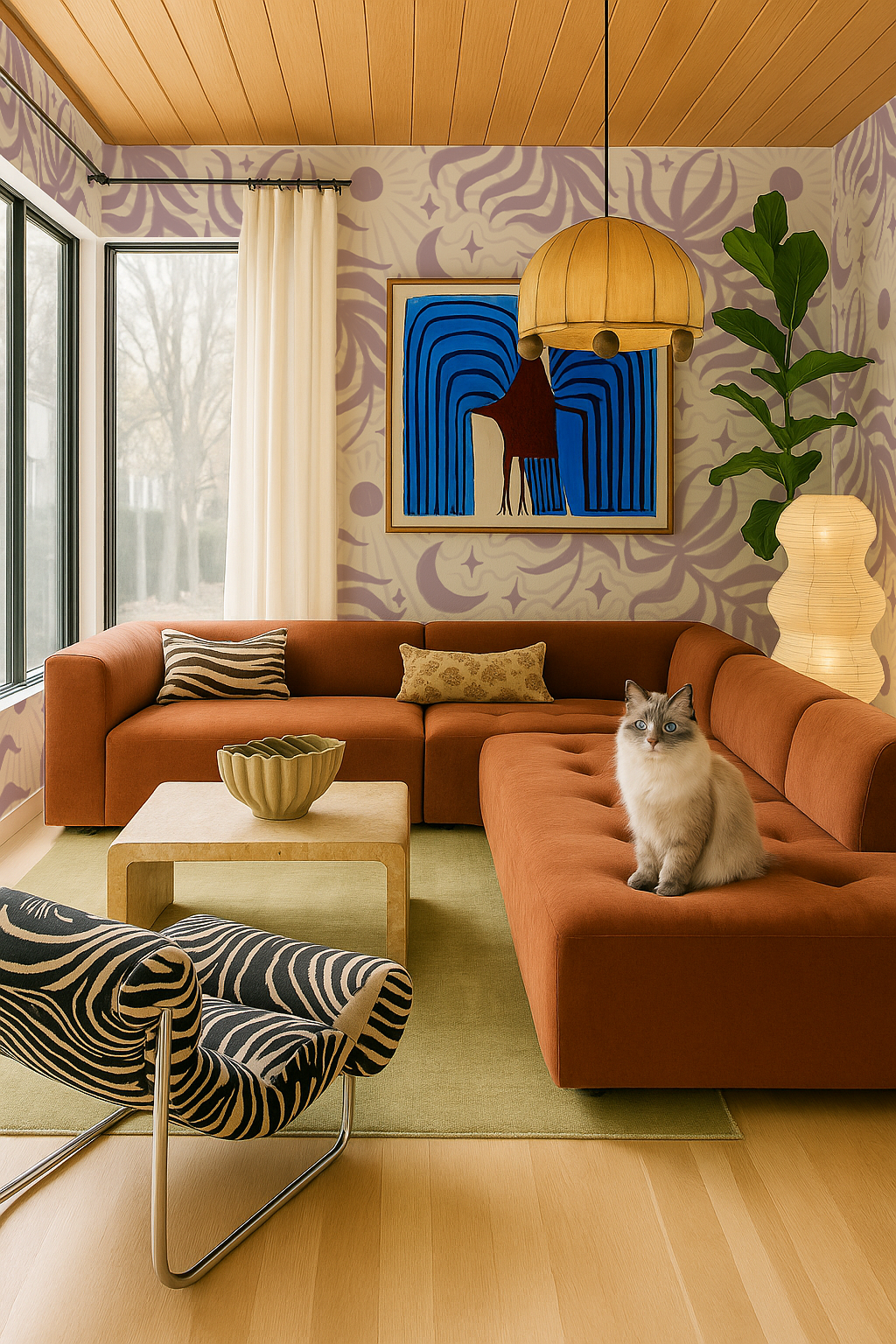 Lunar Leaf Wallpaper, beige and lavender