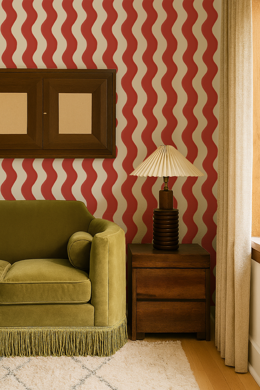 Ziggy Stripe Wallpaper, white and brick red