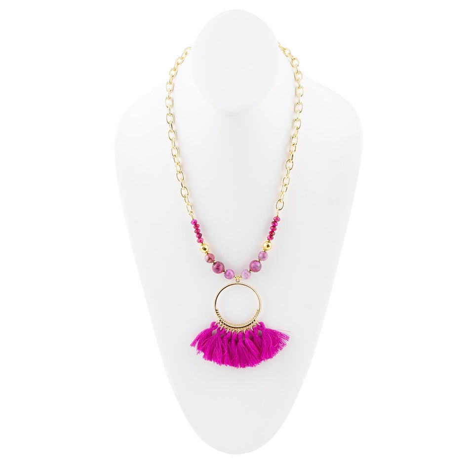 Pink Magenta Dreams Agate Tassel Golden Necklace
