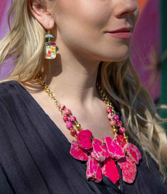 Pink Magenta Dreams Jasper and Goldtone Statement Necklace