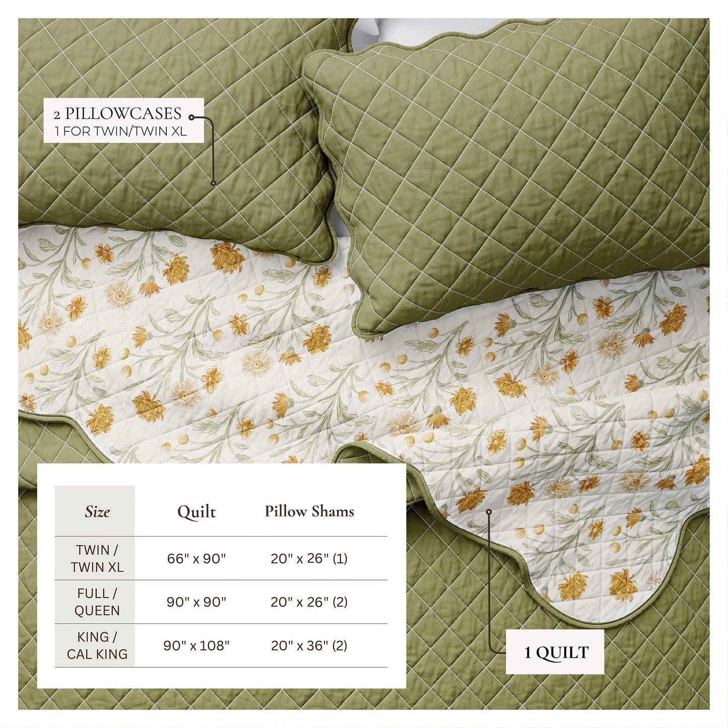 Floral Print & Scallopeded Edge Cotton Quilt Set - Illiana Collection