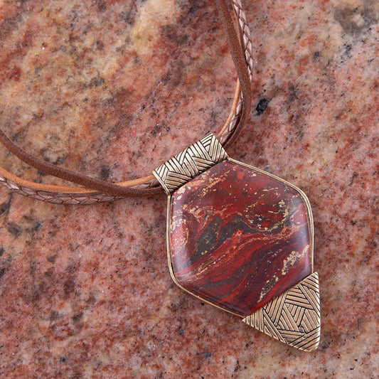 Modern Red Jasper and Golden Pendant Necklace