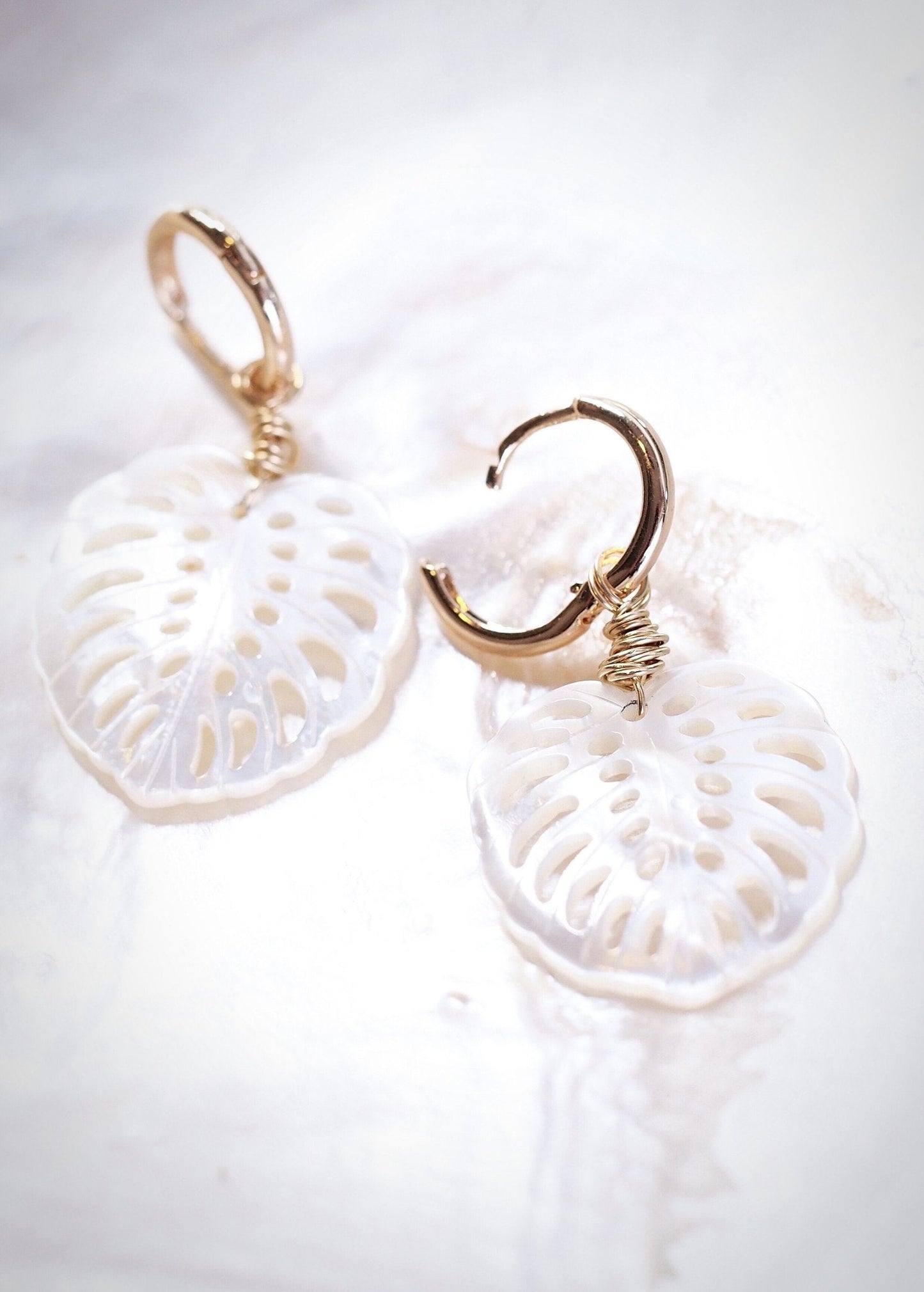 Mother of Pearl and Gold Wrapped Monstera Charm Huggie Hoop Earrings - Hula