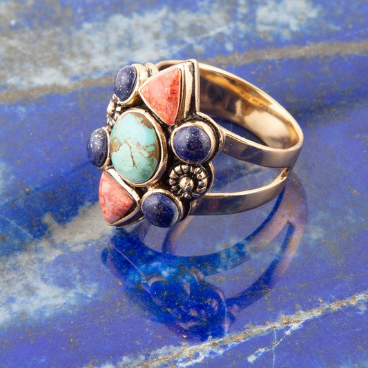 Blue Turquoise and Colorful Multi-Stone Golden Statement Ring