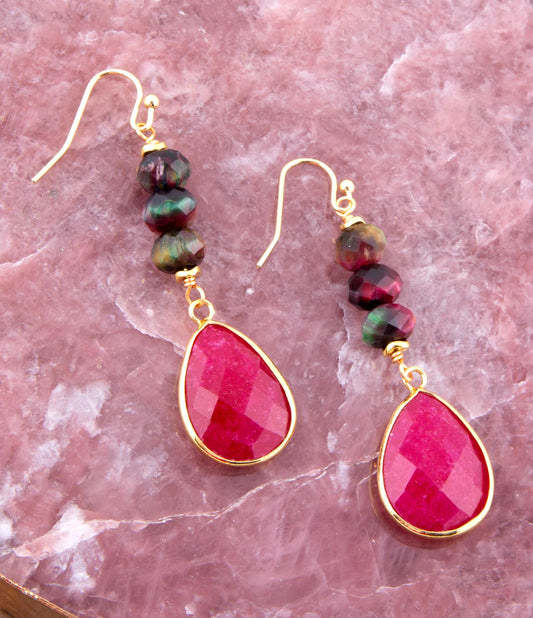Jeweled Multicolor Tiger's Eye and Pink Agate Golden Drop Earrings