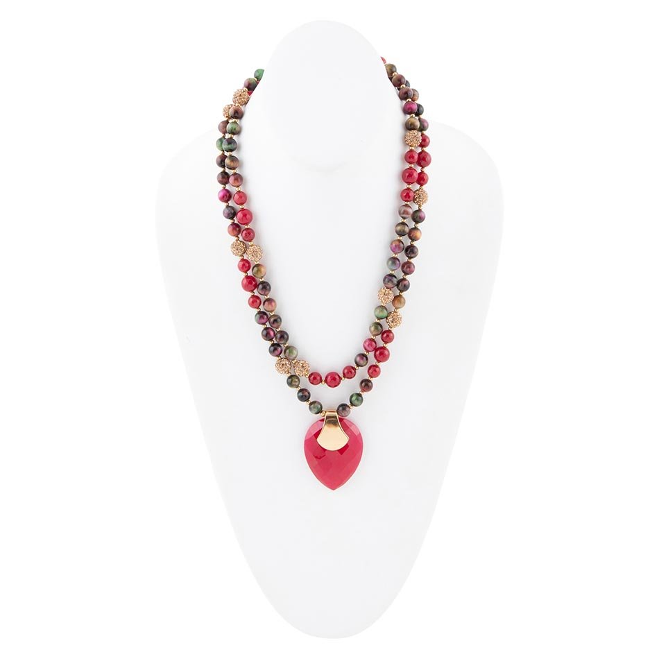 Jeweled Multi-Color Tiger's Eye and Rasberry Quartz Pendant Golden Necklace