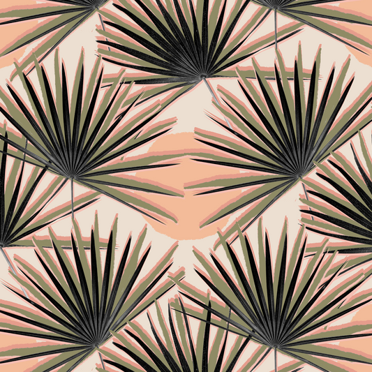 Palm Deco Wallpaper, coral and olive green