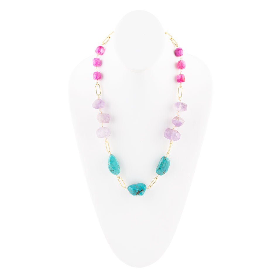 Purple Periwinkle Amethyst and Blue Turquoise Long Golden Necklace