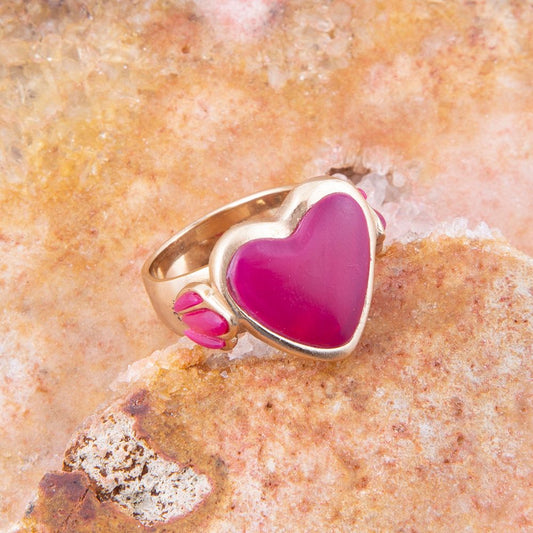 Pink Agate Heart Golden Statement Ring