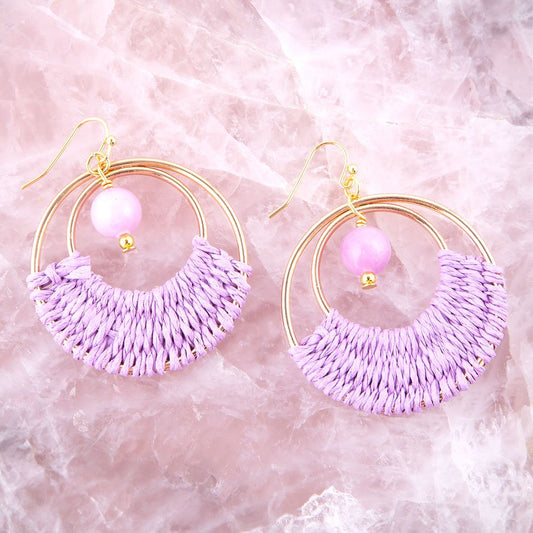 Pink Lilac Jade and Golden Woven Earrings