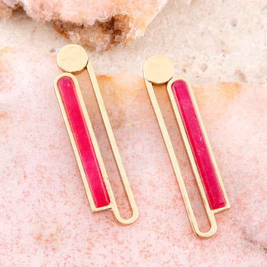 Pink Raspberry Quartz Elongated Golden Post Earrings