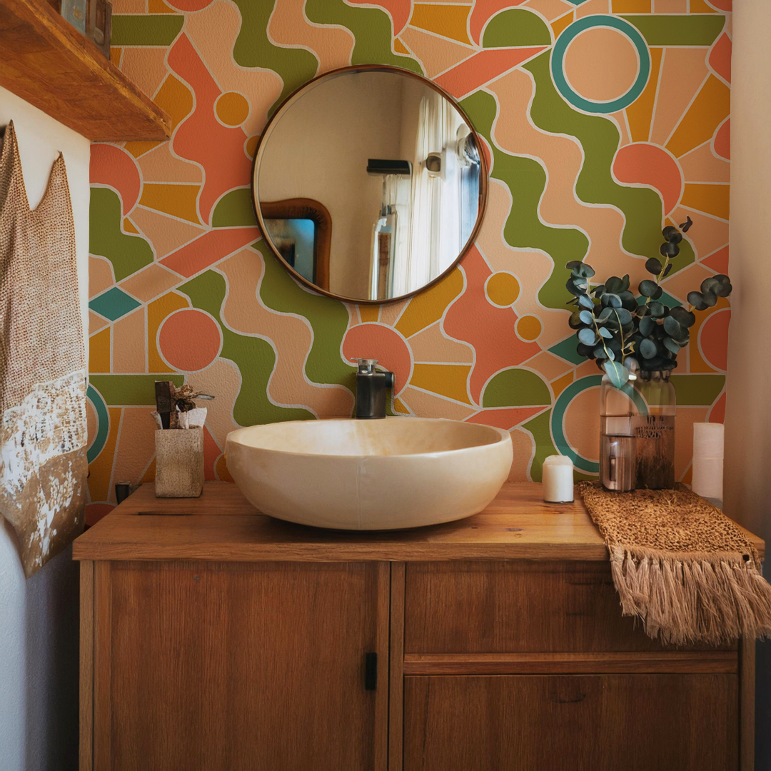 Day Trippin' Wallpaper, olive green, peach, coral and blue