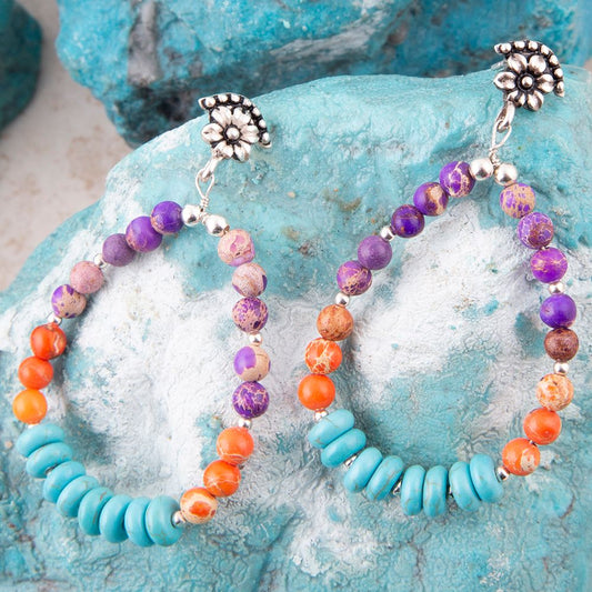 Prescott Blue Turquoise Purple and Orange Sterling Silver Drop Earrings