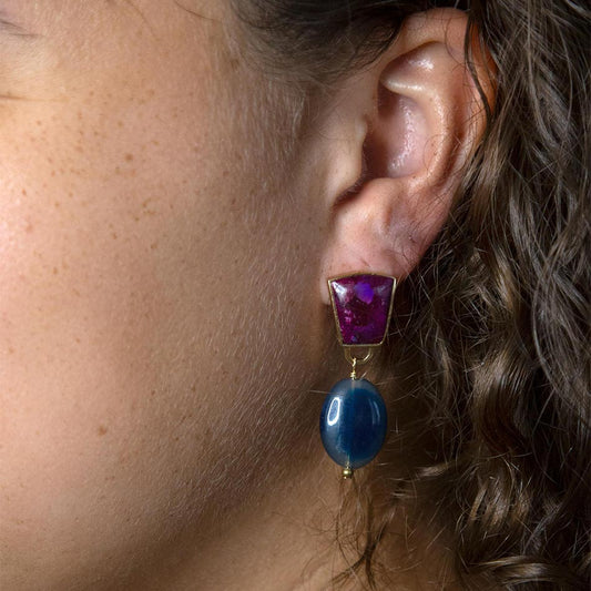 Purple Turquoise Indigo Golden Clip Earrings