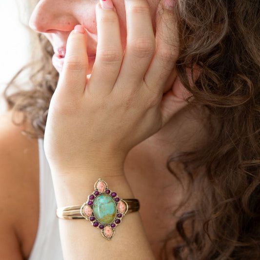 Regalia Blue Turquoise Purple and Orange Coral Golden Cuff Bracelet