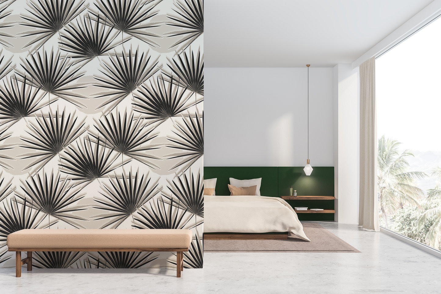 Palm Deco Wallpaper, black and neutral